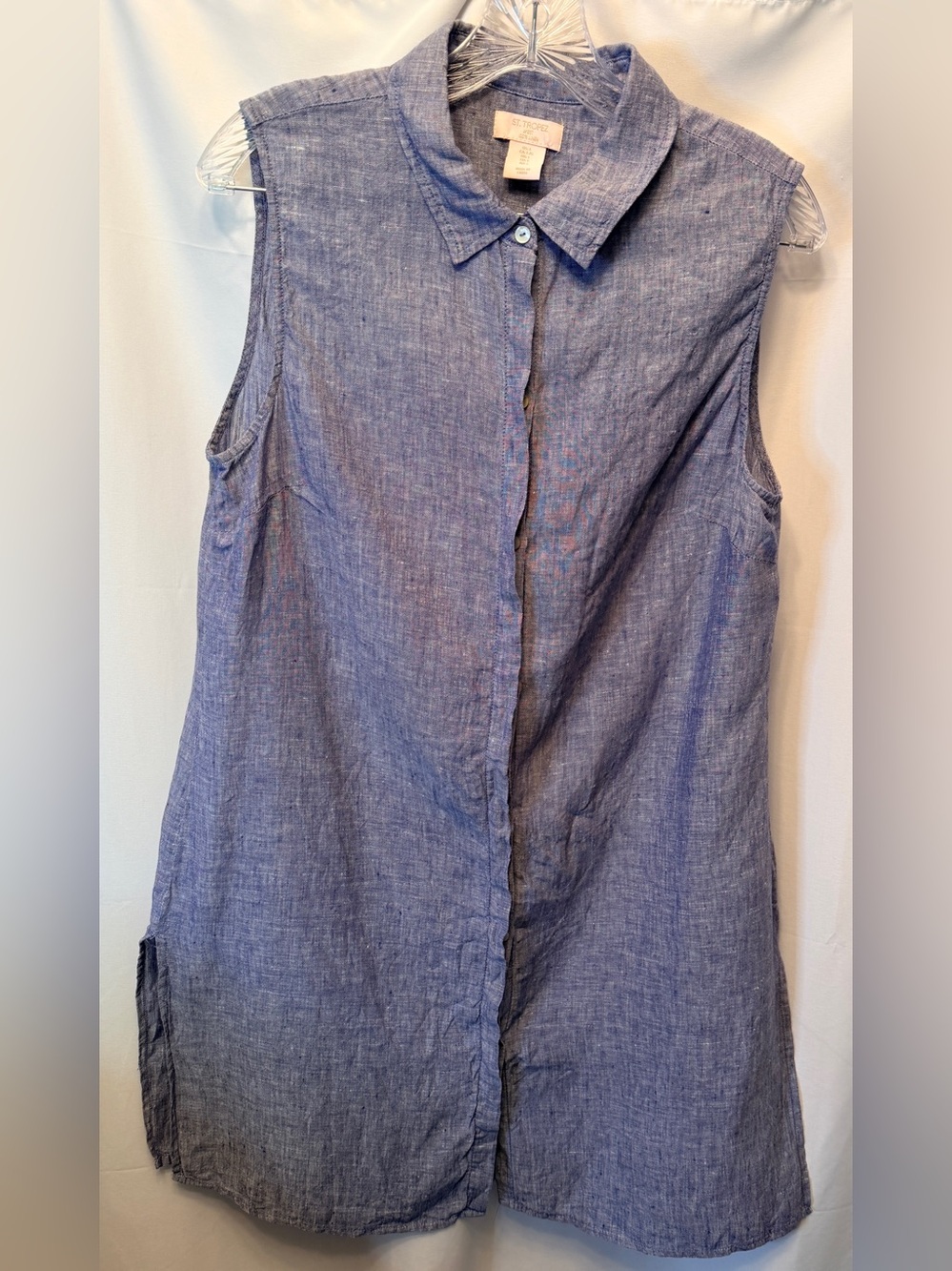 St. Tropez West Women’s Large 100% Linen Blue Chambray‎ Sleeveless Shirt Dress